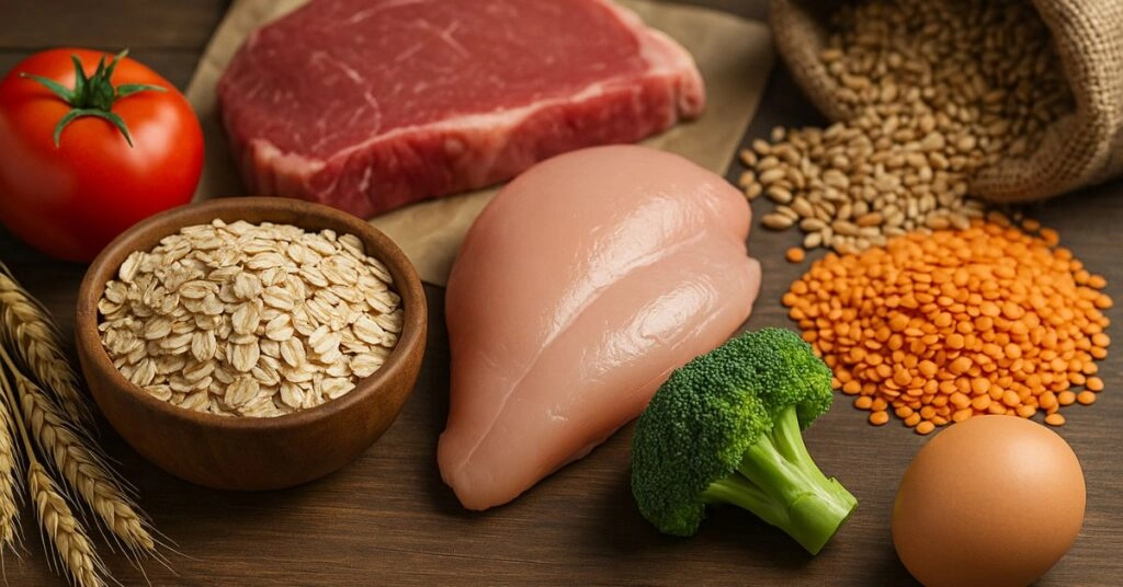 Imagen que muestra una variedad de alimentos saludables, incluyendo pechuga de pollo cruda, un trozo de carne roja, brócoli fresco y varios tipos de legumbres y granos, como avena y lentejas. Ideal para recetas ricas en proteínas y nutrientes.