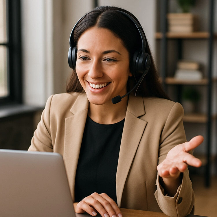 Mujer con auriculares sonriente, interactuando frente a una computadora portátil en un entorno de oficina. Su vestimenta es profesional, con un blazer beige. Ideal para temas de trabajo remoto, atención al cliente y comunicación virtual.